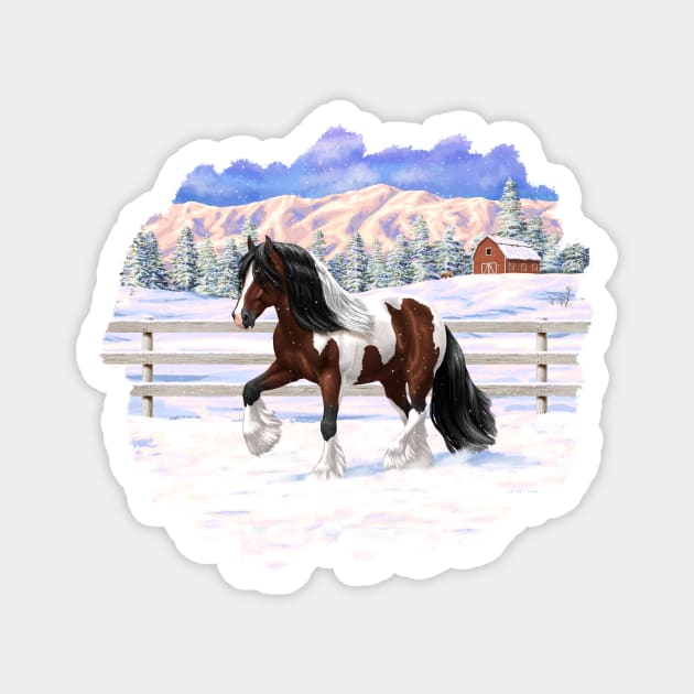 Bay Brown Pinto Skewbald Gypsy Vanner Draft Horse Trotting in Snow Magnet by csforest