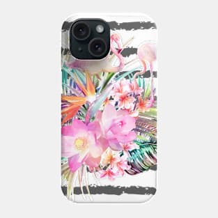 Tropical floral leaves and flamingos stripes Phone Case