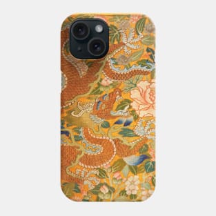 DRAGON AMONG PEONIES ,FLOWERS .GREEN LEAVES Floral Chinese Embroidery in Gold Yellow Phone Case