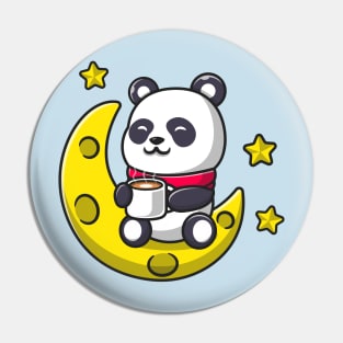 Cute Panda Drink Coffee On Moon Cartoon Pin