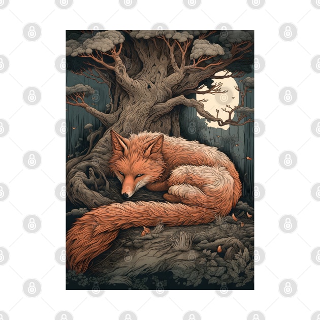 Dreamy Fox Slumber beneath Tree by CaptainMadjid