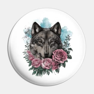 Colorful Wolf With Flowers | Vibrant Wildlife Art for Nature Lovers Pin