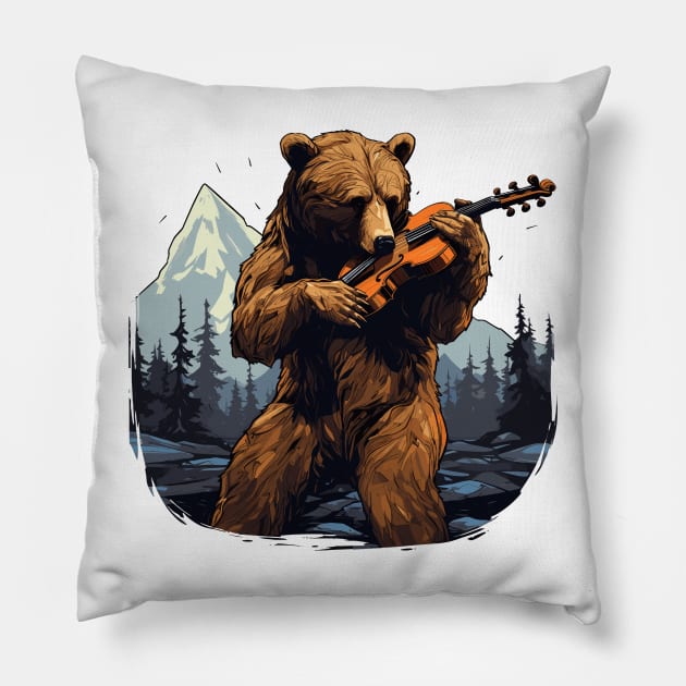 Grizzly Bear playing violin Pillow by Graceful Designs