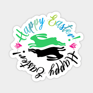 Happy Easter Cute Playful Green And Black Bunnies Illustration Magnet