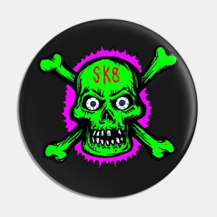 Neon Green Skull and Cross Bones 80s New Wave Style SK8 Skate Pin