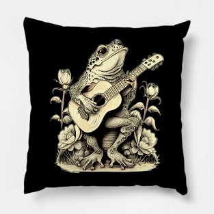 Cottagecore Frog Playing His Acoustic Guitar Pillow