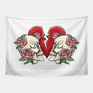 Two Skulls in Roses and Broken Heart Tapestry