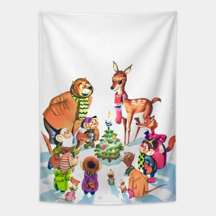 Happy animals celebrate Christmas night around the pine tree and its bright star Retro Vintage Comic Cartoons Tapestry