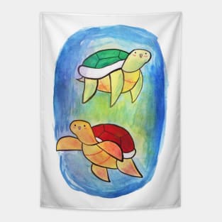 Swimming Watercolor Turtles Tapestry