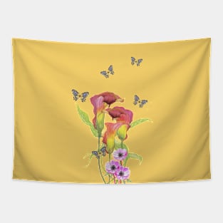 Calla And Anemone Flowers With Butterflies Tapestry