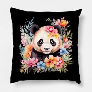 A panda bear decorated with beautiful watercolor flowers Pillow