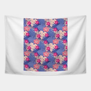 Tropical Blue and Pink Pattern with Monstera & Palm Tree Leaves & Exotic Flowers Tapestry