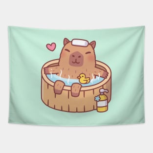 Cute Capybara and Ducky Relaxing in Hot Bath Tapestry