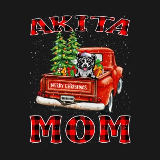 Christmas Akita Mom Santa Hat Truck Tree Plaid Dog Mom Christmas T-Shirt