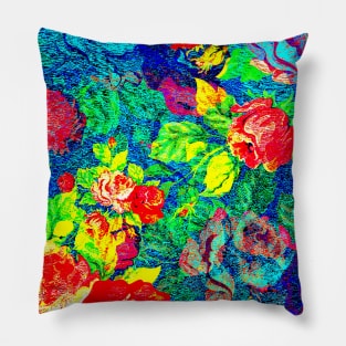 Brightly Colored Rose Pattern Blue Background Pillow