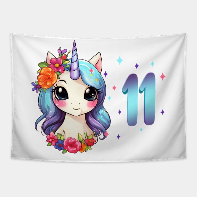 I am 11 with unicorn - girl birthday 11 years old Tapestry by Modern Medieval Design