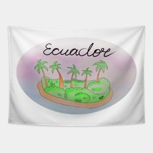 Ecuador watercolor Island travel, beach, sea and palm trees. Holidays and vacation, summer and relaxation Tapestry