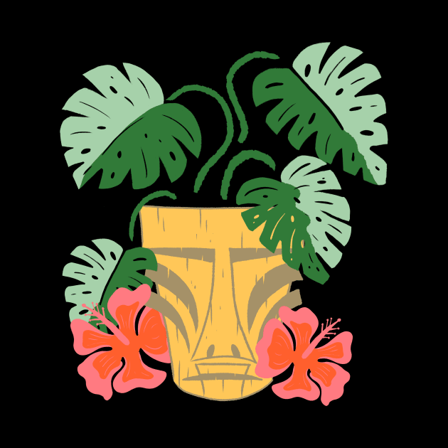 Potted Tiki Green Monstera Houseplant with Hibiscus Flowers by ksrogersdesigns