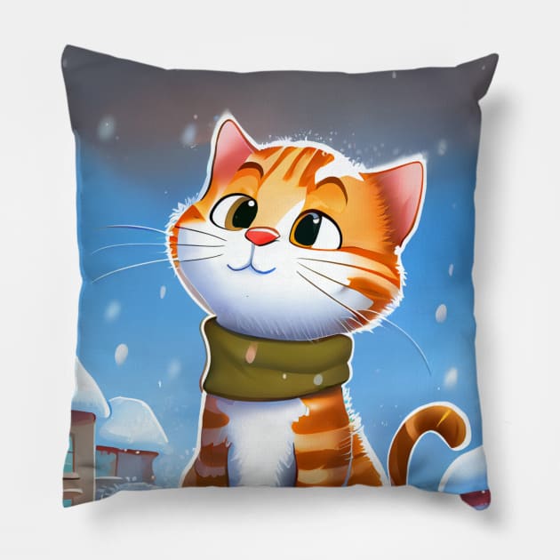 Winter Cat With a Scarf in Winter Scenery is waiting for Santa Pillow by KOTOdesign