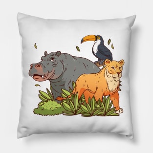 Hippo Pelican Lion Hand Drawn Pillow