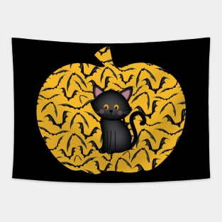 Black Cat and Pumpkin Silhouette Halloween Tapestry