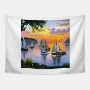 sailing boats sunset island Tapestry