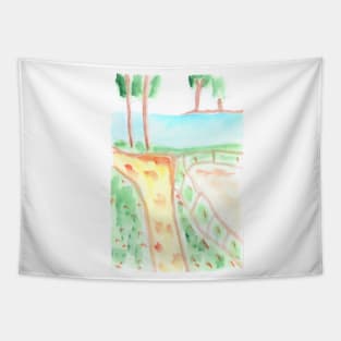 summer, landscape, river, nature, park, path, plants, watercolor, design, art, painting, color Tapestry