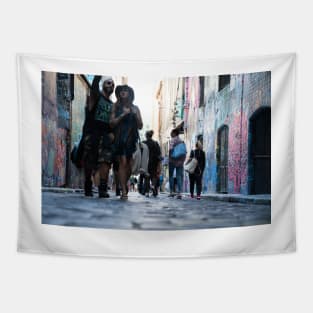 Background abstract street scene of people walking away taken in  Hosier Lane Tapestry