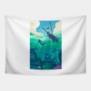 Reef Diver and Snorkeller Retro Sailing Travel Poster Tapestry