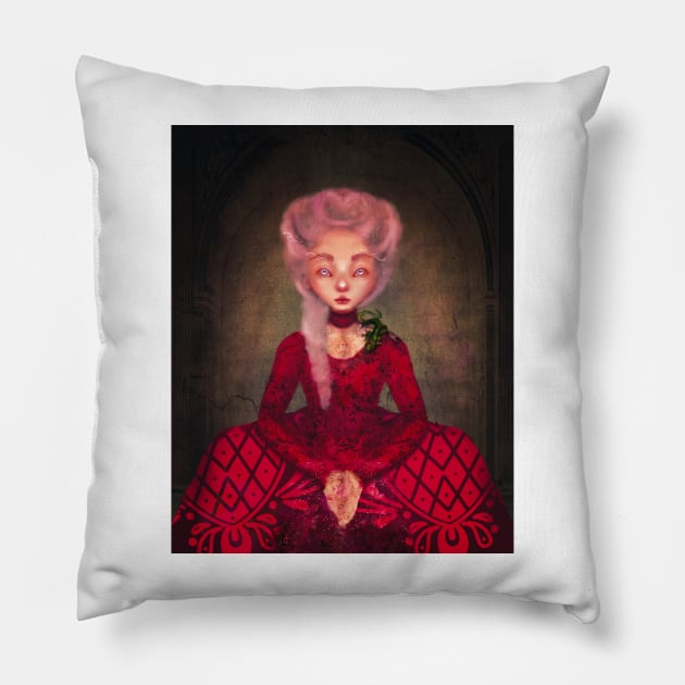 Dangerous Liaisons  Anime Marie Antoinette Fantasy Fashion Illustration in Lowbrow pop surrealism style with green baby dragon Pillow by penandbea