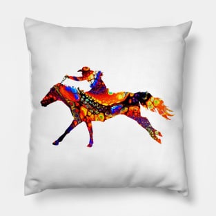 Cowgirl Barrel Racing on Galloping Horse with Marble Background Pillow