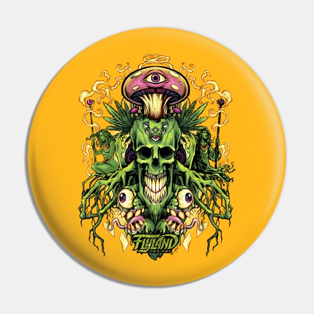 Marijuana Skull and Mushrooms Pin by FlylandDesigns