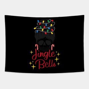 Red and Black Illustration Skull Messy Bun Merry Christmas Tapestry