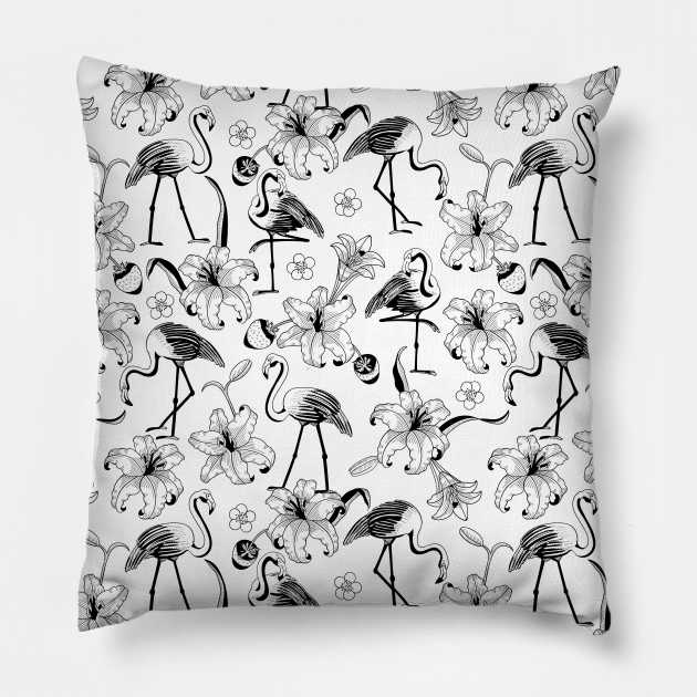 Tropical Flamingo Floral Black and White Pillow by Farissa