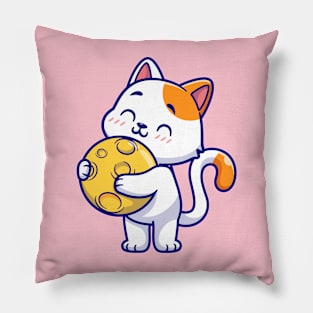 Cute Cat Holding Moon Cartoon Pillow