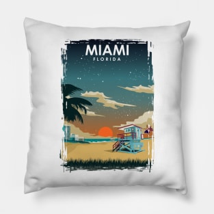 Miami Florida at Night Vintage Minimal Retro Beach Travel Poster Pillow