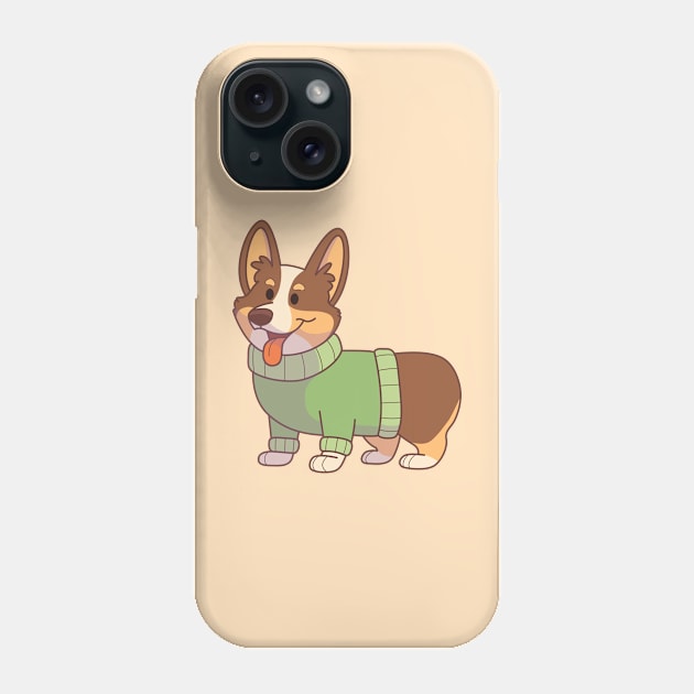 Tricolor corgi wearing a green sweater Phone Case by Vaigerika