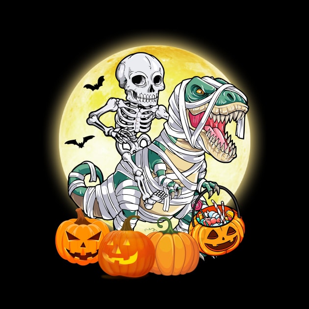 Skeleton Riding Mummy Dinosaur T rex Funny Halloween Pumpkin by Creative Design