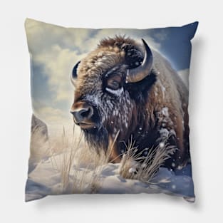 Buffalo Bison Animal Wildlife Wilderness Colorful Realistic Illustration Pillow