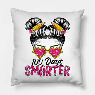 100 Days Smarter Girls Messy Bun Hair 100th Day Of School Pillow