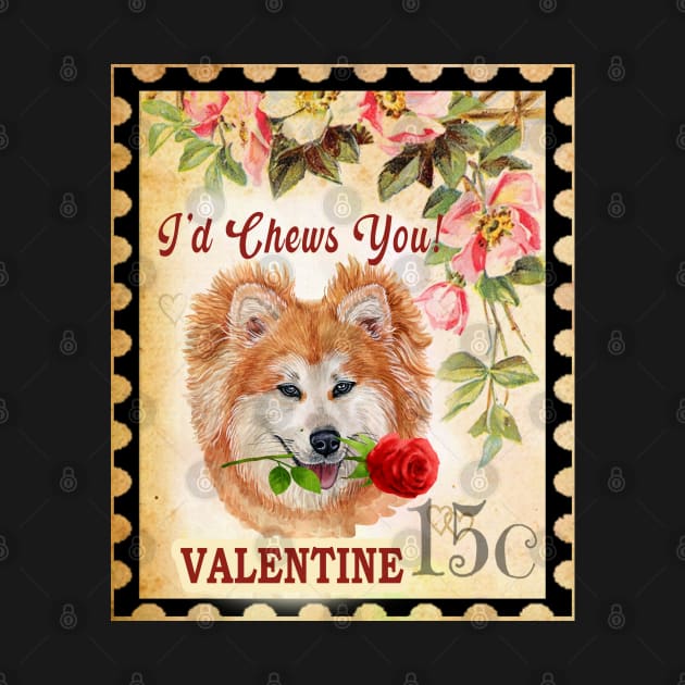 Akita long hair Vintage Valentine Funny Dog With Rose by Sniffist Gang