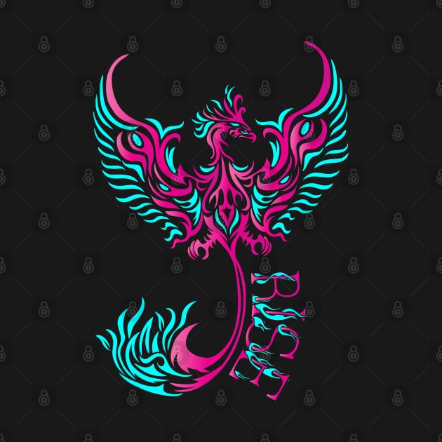 Rise up like a Phoenix from the ashes. Pink and Blue Phoenix in a Tribal / Tattoo Art style by Designs by Darrin