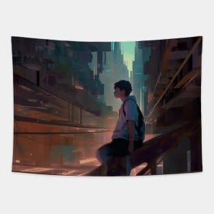 lost boy in a cyber cityscape Tapestry