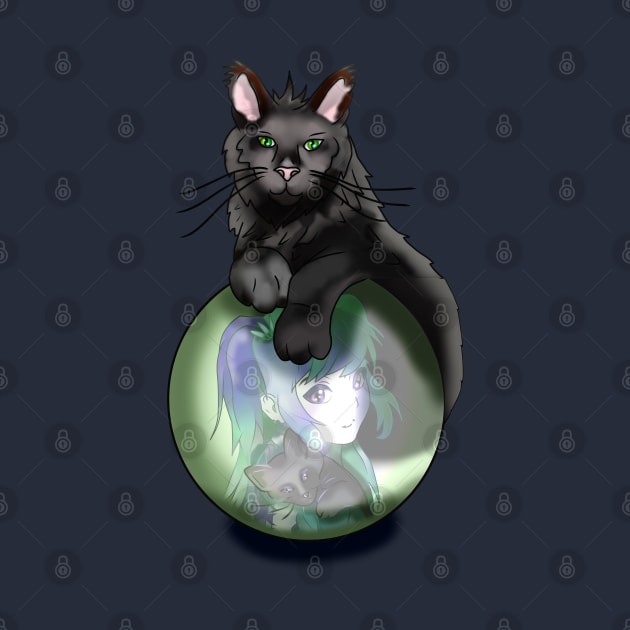 Black fluffy cat with a crystal ball by cuisinecat