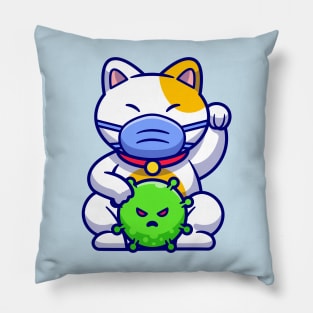 Cute Cat Maneki Neko Wearing Mask With Virus Cartoon Pillow