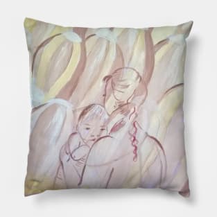 Mother with her baby and spring blossoms. Original painting. Pillow