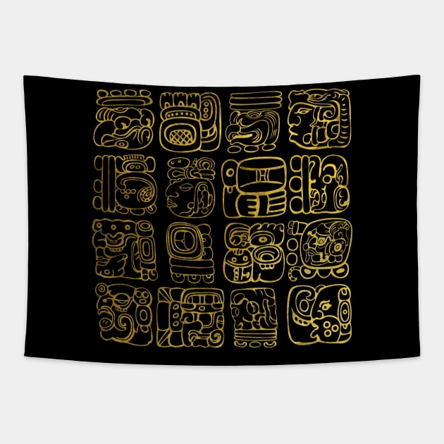 Mayan and aztec glyphs gold on vintage texture Tapestry by Nartissima