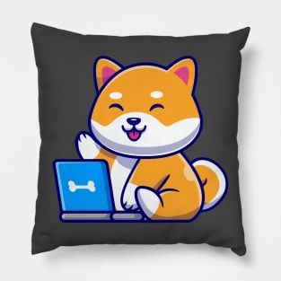 Cute Shiba Inu Dog With Laptop Cartoon Pillow