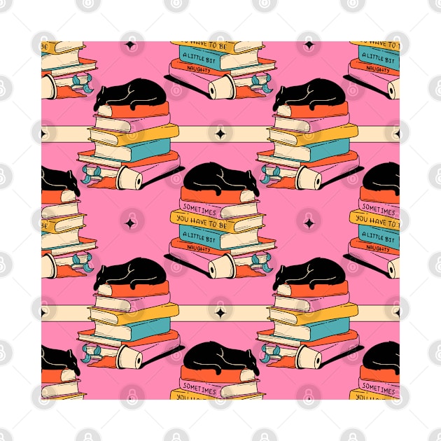 Books and Plant Black Cat Pattern in pink by The Charcoal Cat Co.