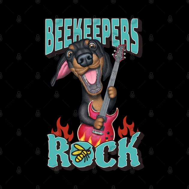 Cute funny Beekeepers Rock with dachshund doxie dog with guitar tee by Danny Gordon Art